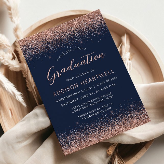 2025 Rose Gold Glitter Navy Blue Graduation Party Invitation (Creator Uploaded)