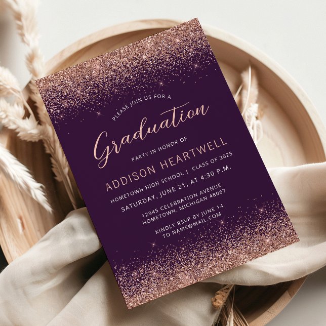 2025 Rose Gold Glitter Purple Graduation Party Invitation (Creator Uploaded)