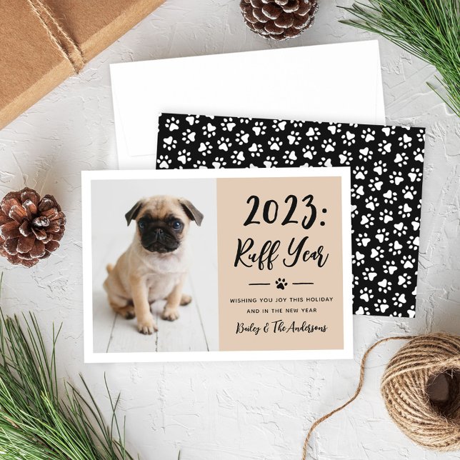 2025 Ruff Year Beige Funny Dog Photo Holiday Card (Creator Uploaded)