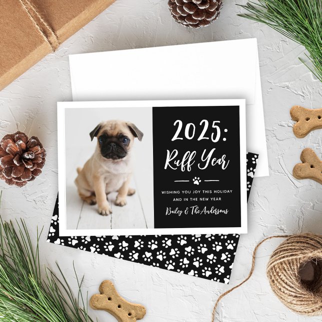 2025 Ruff Year Funny Dog Photo Paw Prints Holiday Card (Creator Uploaded)