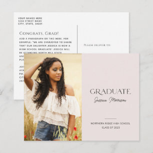 2025 Simple Modern Blush Pink 1-Photo Graduation Postcard