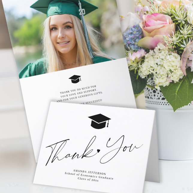 2025 Simple script black white photo graduation Thank You Card (Creator Uploaded)