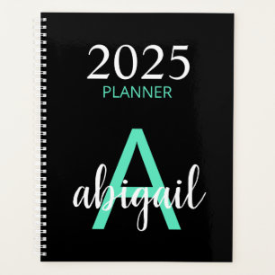 2025 Teal Black Simple Modern Monogram Name Planner