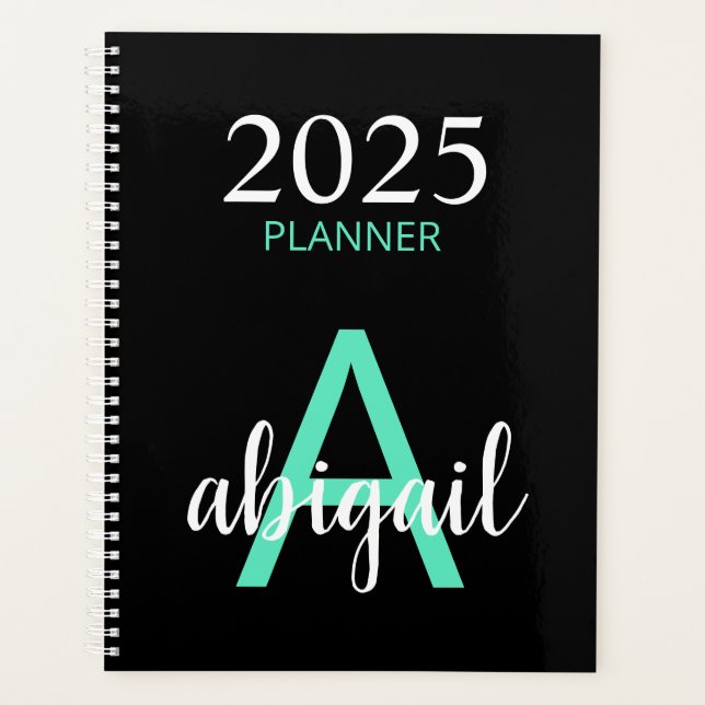 2025 Teal Black Simple Modern Monogram Name  Planner (Front)