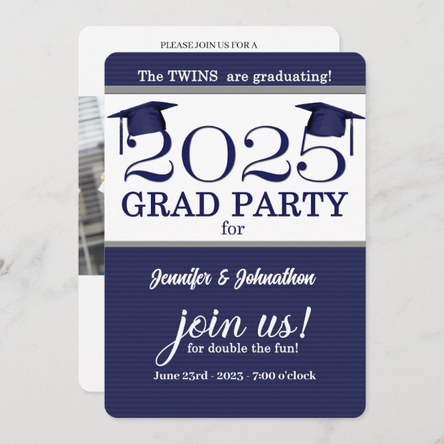2025 Twin Graduate Blue Pinstripe Photo Graduation Invitation (Front/Back)