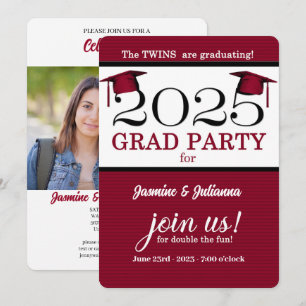 2025 Twin Graduate Red Pinstripe Photo Graduation Invitation
