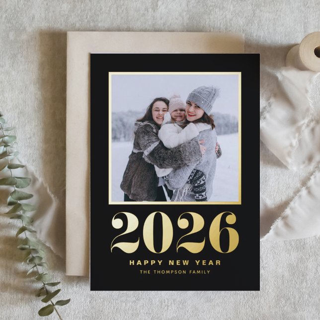 2025 Typography Black Happy New Year Photo Foil Holiday Card (Welcome 2026 with this gold foil New Year photo card featuring a black background.)