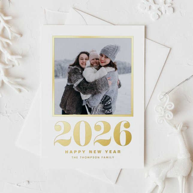 2025 Typography Happy New Year Photo Foil Holiday Card (Welcome 2026 with this gold foil New Year photo card featuring retro bold typography.)