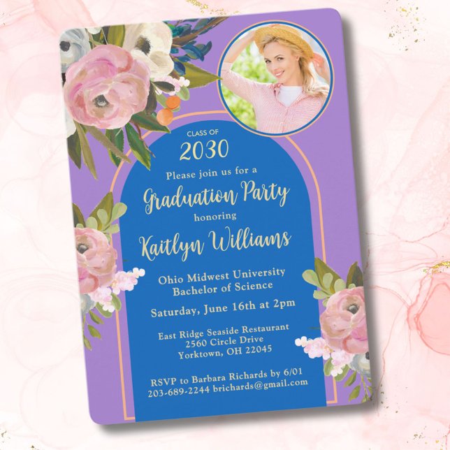 2025 Watercolor Pink Floral Photo Graduation Party Invitation (Creator Uploaded)
