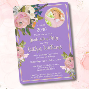 2025 Watercolor Pink Floral Photo Graduation Party Invitation