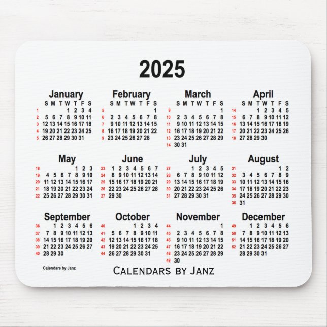 2025 White 52 Weeks Calendar by Janz Mouse Pad (Front)