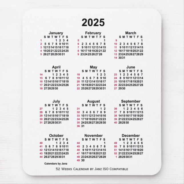 2025 White 52 Weeks ISO Calendar by Janz Mouse Pad (Front)