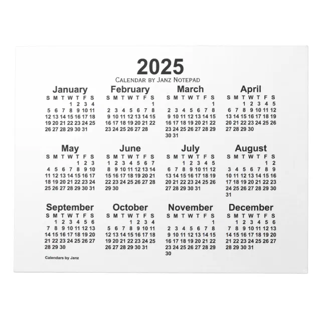 2025 White Calendar by Janz 11x8.5 Notepad Zazzle