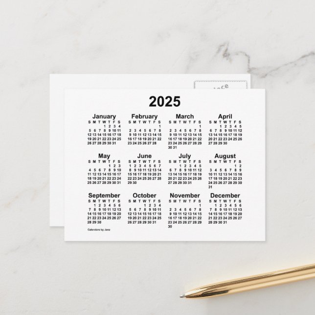 2025 White Mini Calendar by Janz Postcard (Front/Back In Situ)