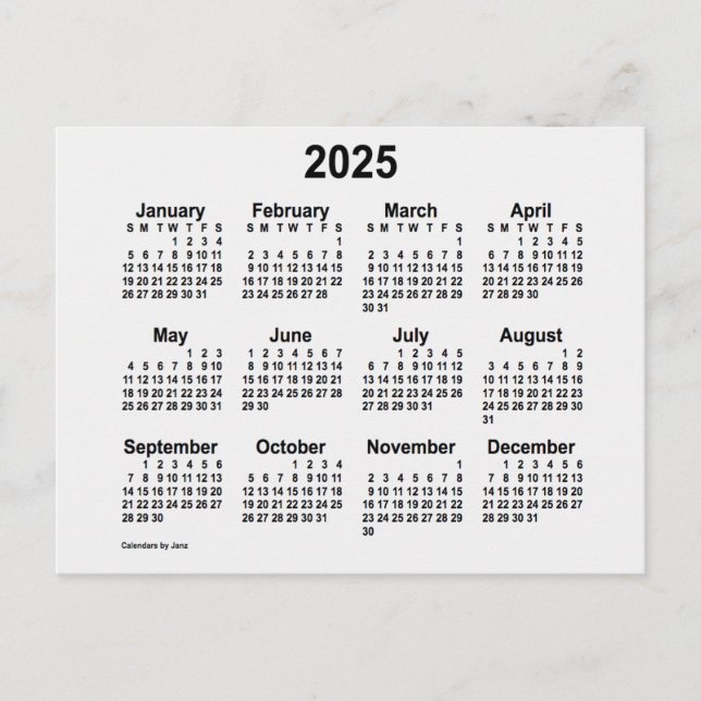 2025 White Smoke Mini Calendar by Janz Postcard (Front)