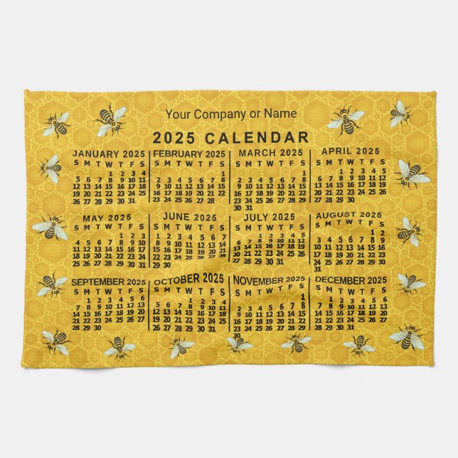 2025 Year Calendar Bee Honeycomb Apiary Custom Tea Towel (Horizontal)