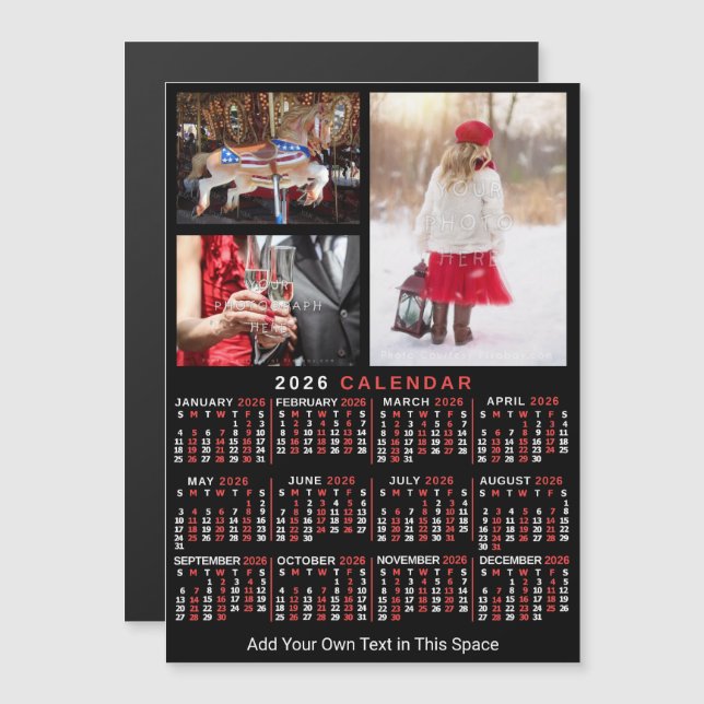 2025 Year Calendar Black Red Personalised Photo Magnetic Invitation (Front/Back)