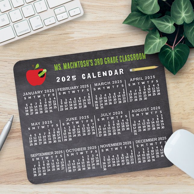2025 Year Calendar Chalkboard School Teacher Name Mouse Pad (Creator Uploaded)