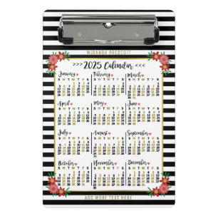 2025 Year Calendar Cute Floral Stripes   Custom Mini Clipboard
