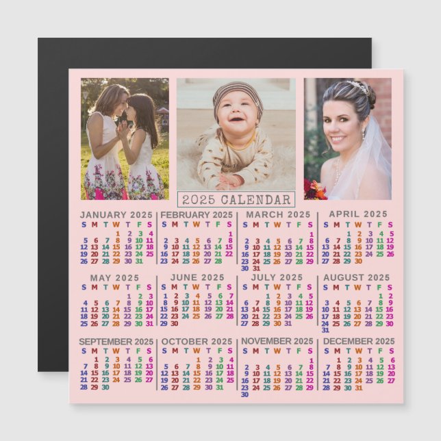 2025 Year Calendar Cute Pink Family Photo Collage Magnetic Invitation (Front/Back)