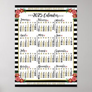 2025 Year Calendar Floral Stripes   Custom Text Poster