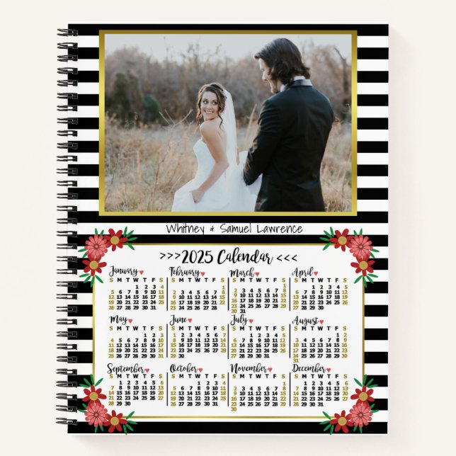 2025 Year Calendar Preppy Floral Stripes | Photo Notebook (Front)
