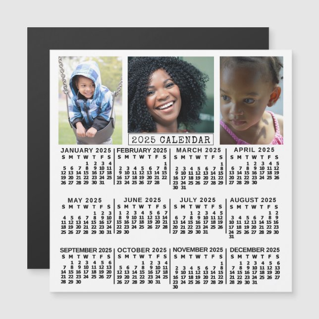 2025 Year Calendar White | 3 Custom Photo Collage Magnetic Invitation (Front/Back)