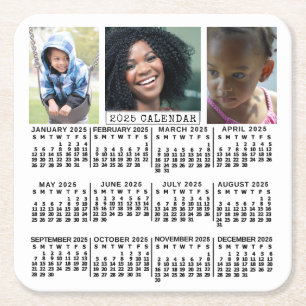 2025 Year Calendar White   3 Photo Collage Custom Square Paper Coaster