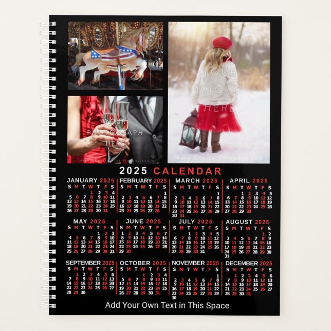 2025 Year Monthly Calendar Black Custom 9 Photos Planner (Front)