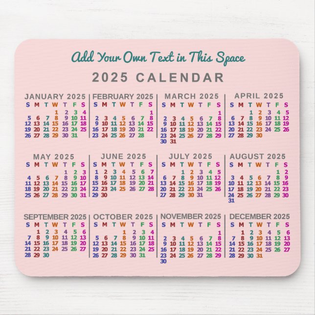 2025 Year Monthly Calendar Blush Pink Personalised Mouse Pad (Front)