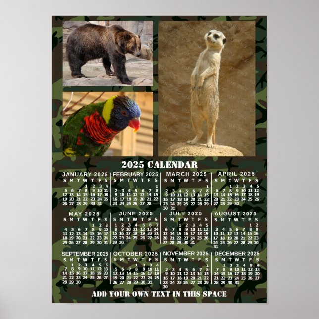 2025 Year Monthly Calendar Camouflage Add 3 Photos Poster (Front)