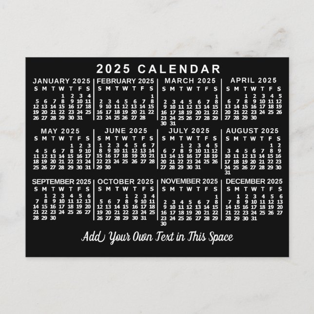 2025 Year Monthly Calendar Classic Black and White Postcard (Front)