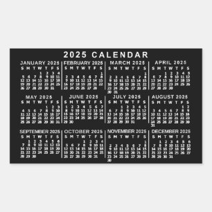 2025 Year Monthly Calendar Classic Black and White Rectangular Sticker