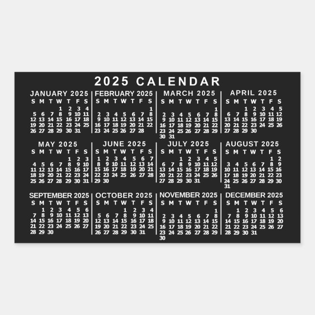 2025 Year Monthly Calendar Classic Black and White Rectangular Sticker (Front)