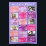 2025 Year Monthly Calendar Cute Mod Photo Collage Tea Towel<br><div class="desc">This personalised 2025 year monthly calendar kitchen towel has a mid-century modern geometric look with asymmetrical colour blocks and cut-out paper style typography. The colours are all various shades of pink and purple. Use the easy templates to add six of your favourite photos (horizontal work best, but all shapes will...</div>