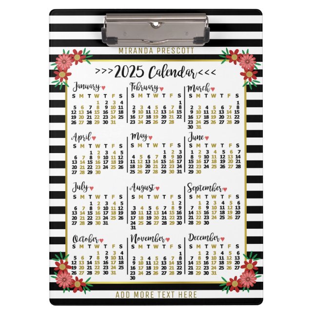 2025 Year Monthly Calendar Floral Stripes | Custom Clipboard (Front)