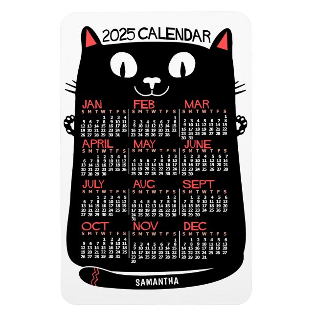 2025 Year Monthly Calendar Mid-Century Black Cat Magnet (Vertical)