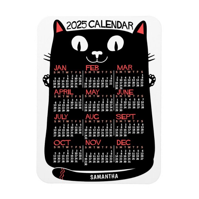 2025 Year Monthly Calendar Mid-Century Black Cat Magnet (Vertical)