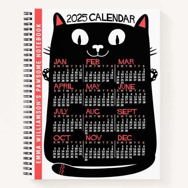 2025 Year Monthly Calendar Mid-Century Black Cat Notebook (Front)