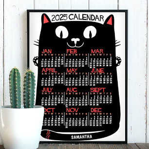 2025 Year Monthly Calendar Mid-Century Black Cat Poster