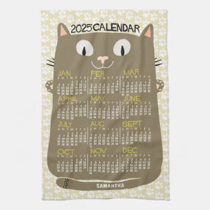 2025 Year Monthly Calendar Mid-Century Brown Cat Tea Towel