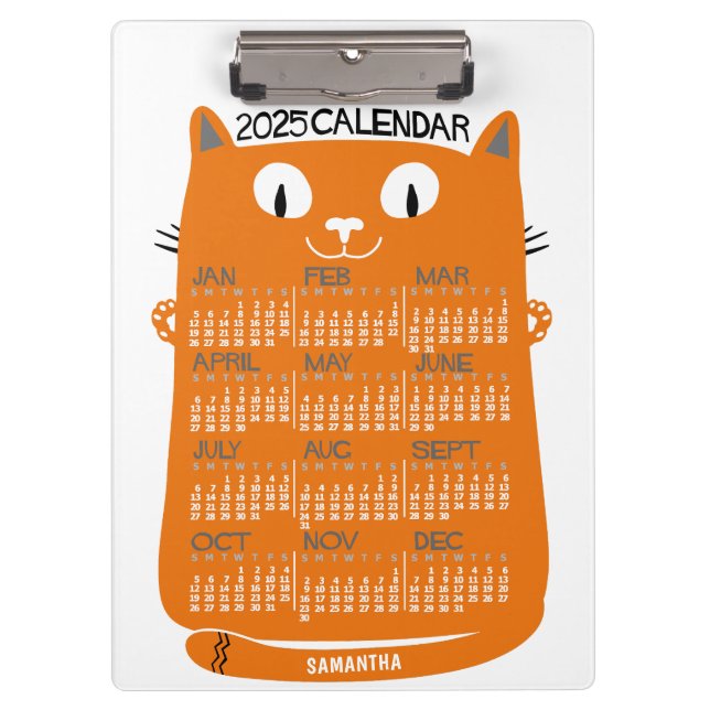 2025 Year Monthly Calendar Mid-Century Orange Cat Clipboard (Front)