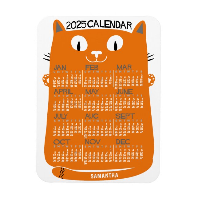 2025 Year Monthly Calendar Mid-Century Orange Cat Magnet (Vertical)