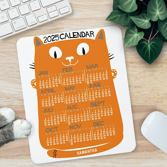 2025 Year Monthly Calendar Mid-Century Orange Cat Mouse Pad (Creator Uploaded)