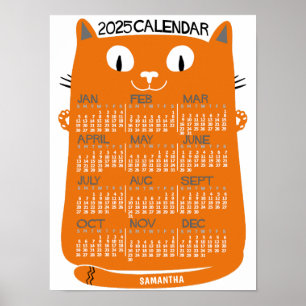 2025 Year Monthly Calendar Mid-Century Orange Cat Poster