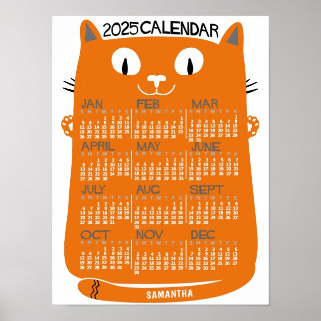 2025 Year Monthly Calendar Mid-Century Orange Cat Poster (Front)