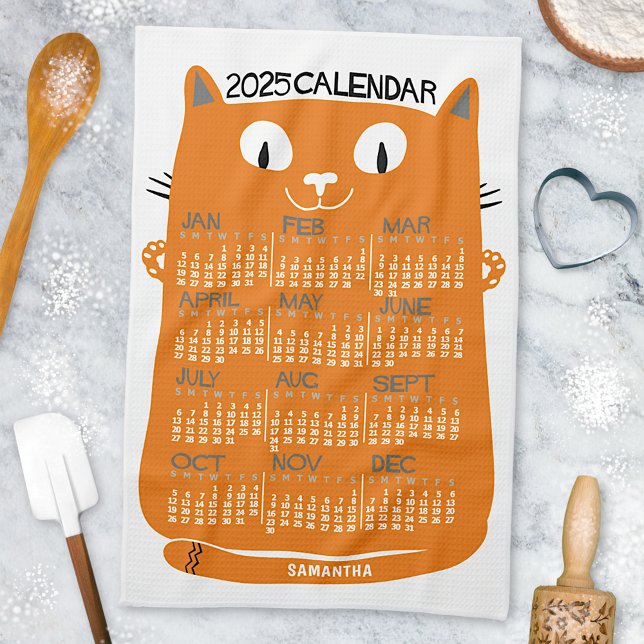 2025 Year Monthly Calendar Mid-Century Orange Cat Tea Towel (Creator Uploaded)