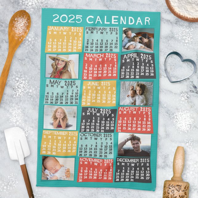 2025 Year Monthly Calendar Modern Photo Collage Tea Towel (Creator Uploaded)