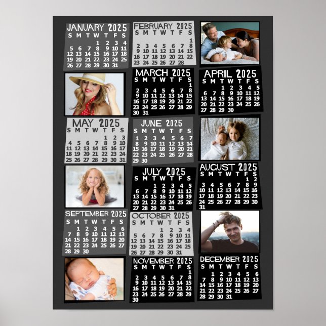 2025 Year Monthly Calendar Photo Collage Mod Black Poster (Front)