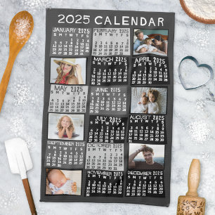 2025 Year Monthly Calendar Photo Collage Mod Black Tea Towel